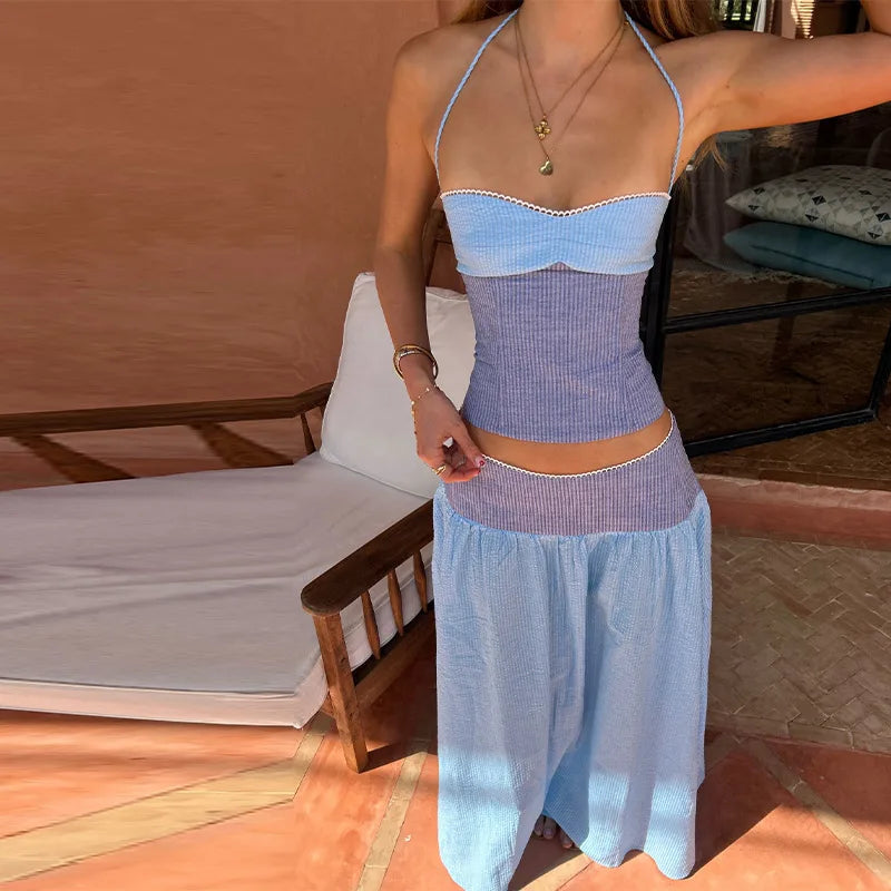 Bloomly's Striped Halter Top Wide Leg Pants 2 Piece Set – Chic Sleeveless Vest Crop Top Matching Outfit Summer Vacation Beach Loungewear